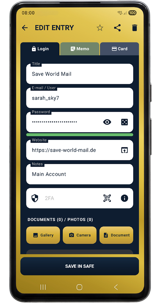 MyLocalSafe – Login-Bildschirm